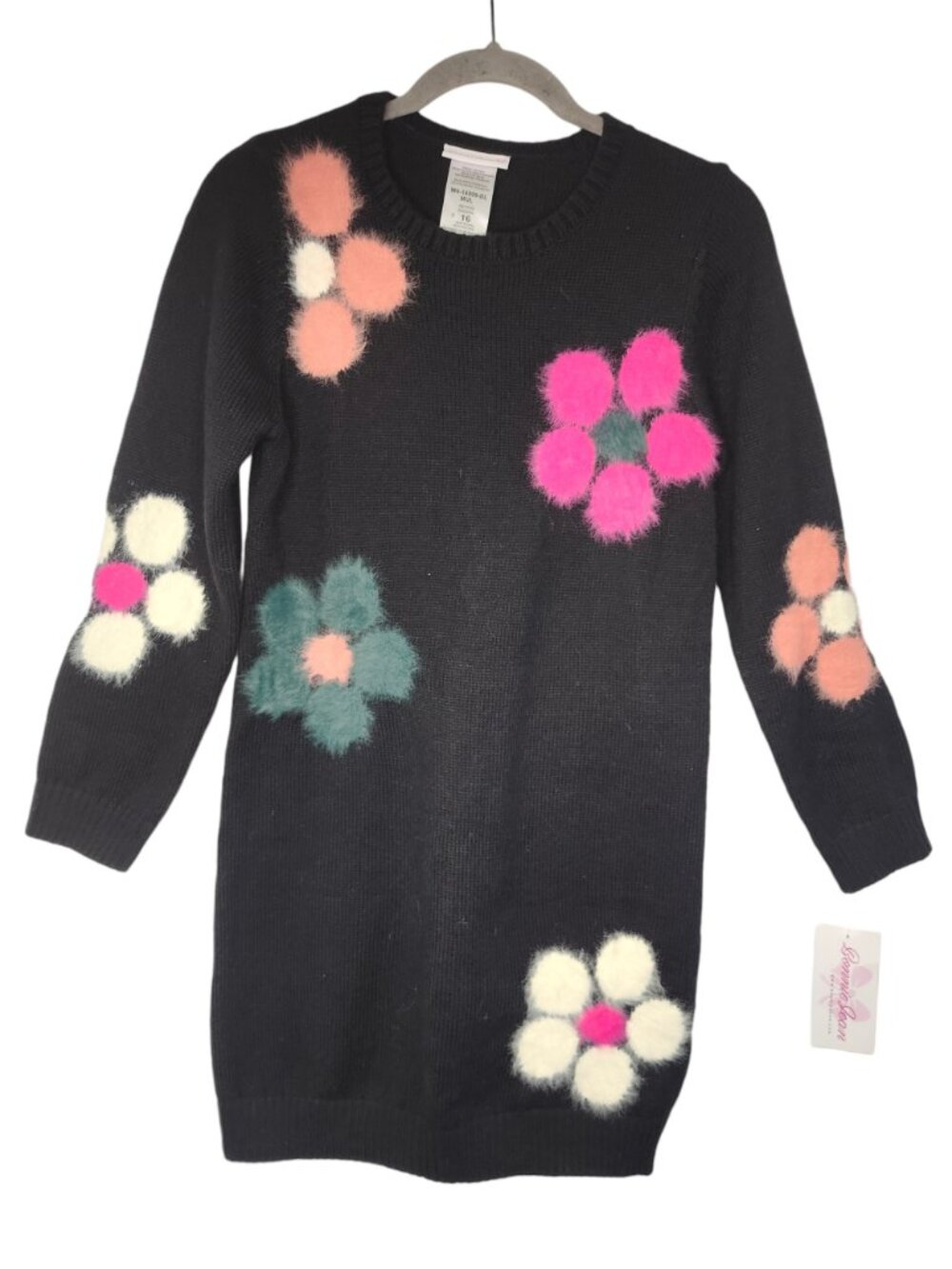 NEW Bonnie Jean Flower Power Sweater Dress Black Furry Size 16